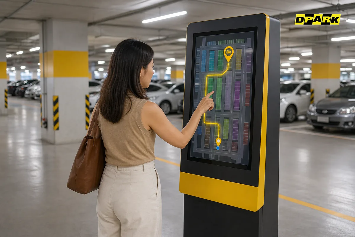 ผู้ใช้บริการค้นหารถที่ตู้คีออส Find Car ในอาคารจอดรถหลายชั้น หน้าจอแสดงแผนที่ลานจอดและเส้นทางเดินไปยังจุดจอด