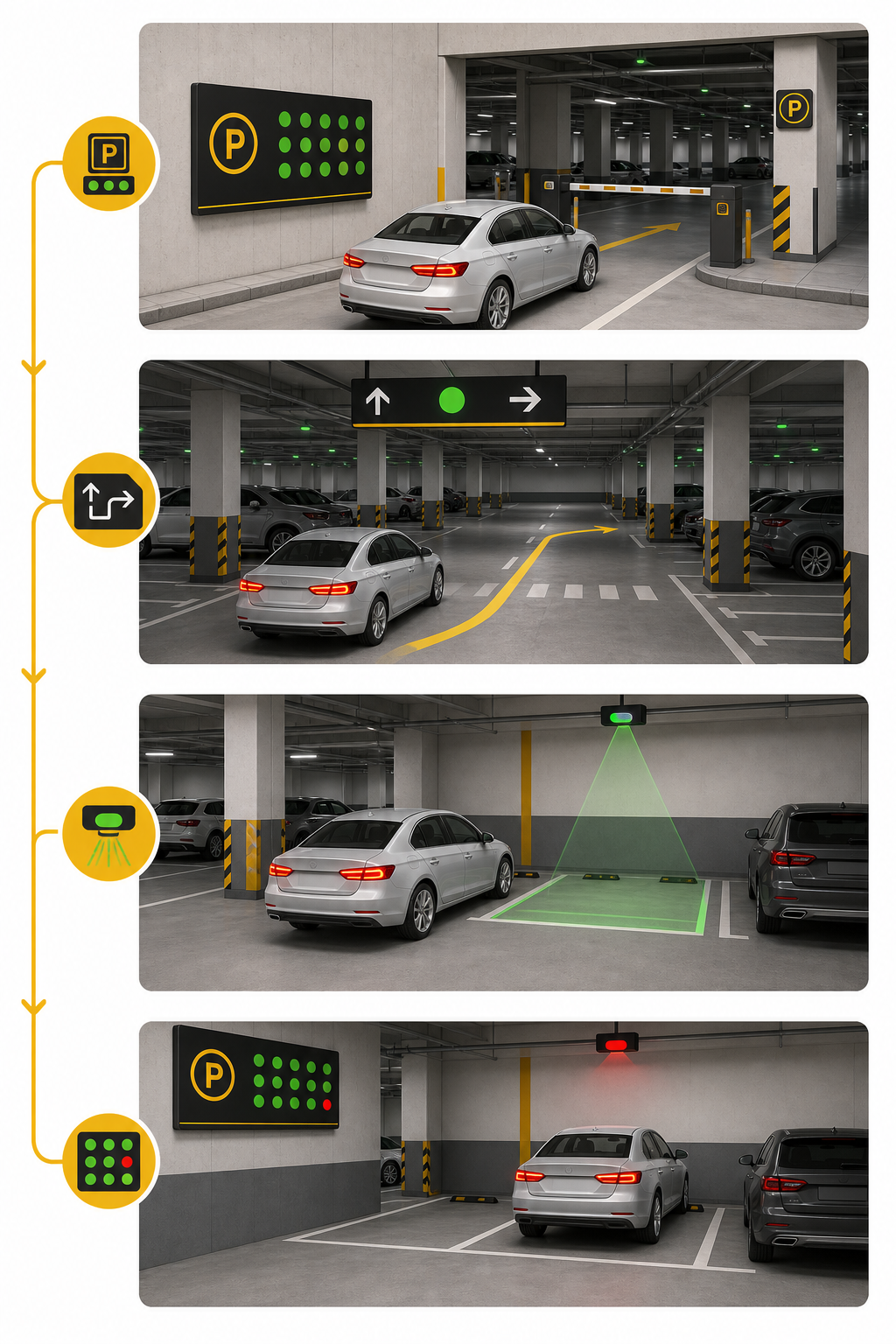 อินโฟกราฟิก 4 ขั้นตอนของระบบนำทางลานจอด ตั้งแต่ป้ายจำนวนช่องว่างทางเข้า ป้ายเลือกโซน ช่องว่างพร้อมไฟเขียว และสถานะที่อัปเดตหลังรถจอด