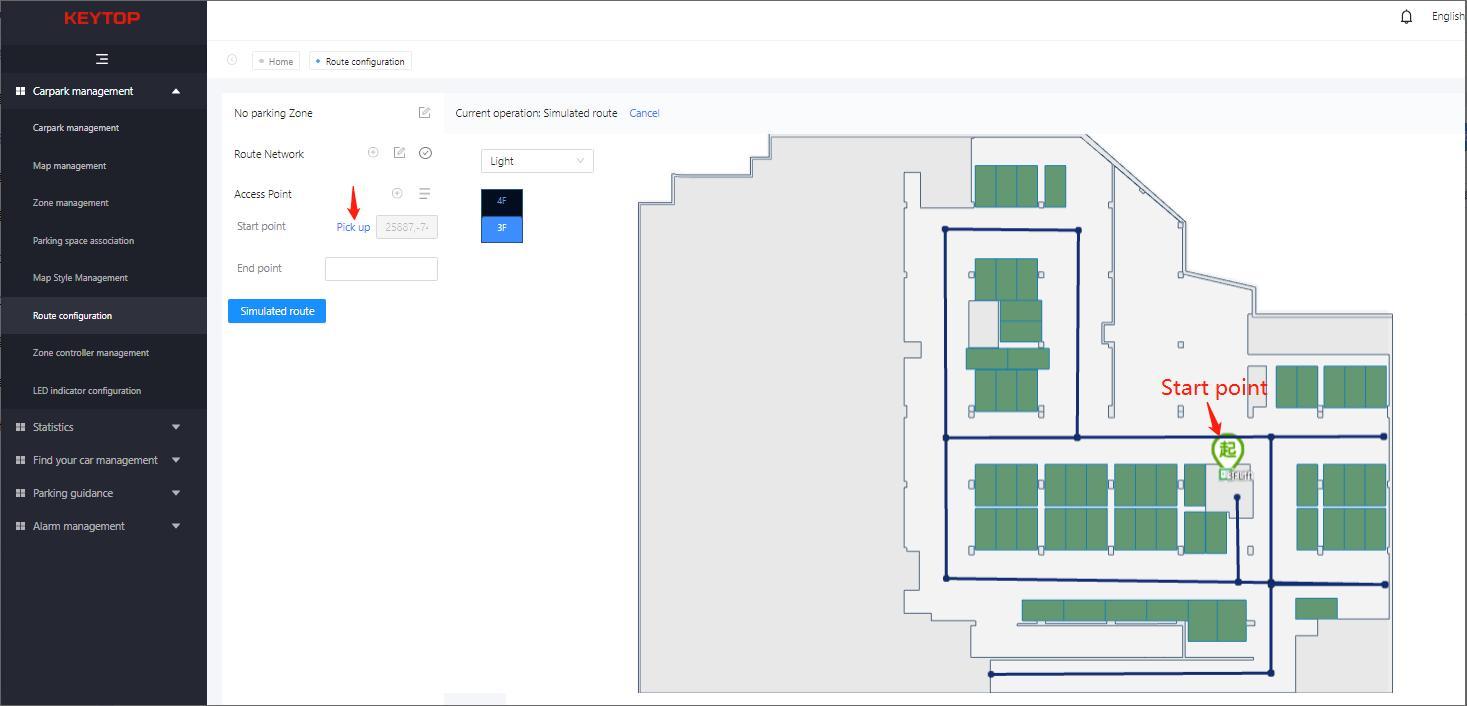 หน้าจอตัวอย่างจำลองเส้นทางจากจุดเริ่มไปยังช่องจอดบนแผนผังลานจอด