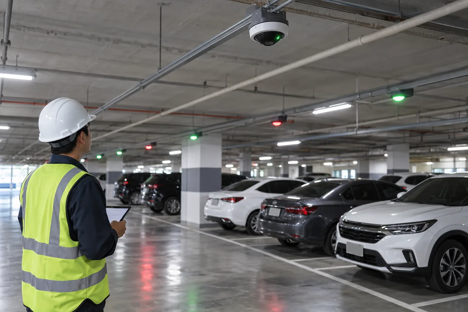 วิศวกรสำรวจระบบ Video Parking Guidance ในอาคารจอดรถพร้อมไฟแสดงสถานะช่องว่าง